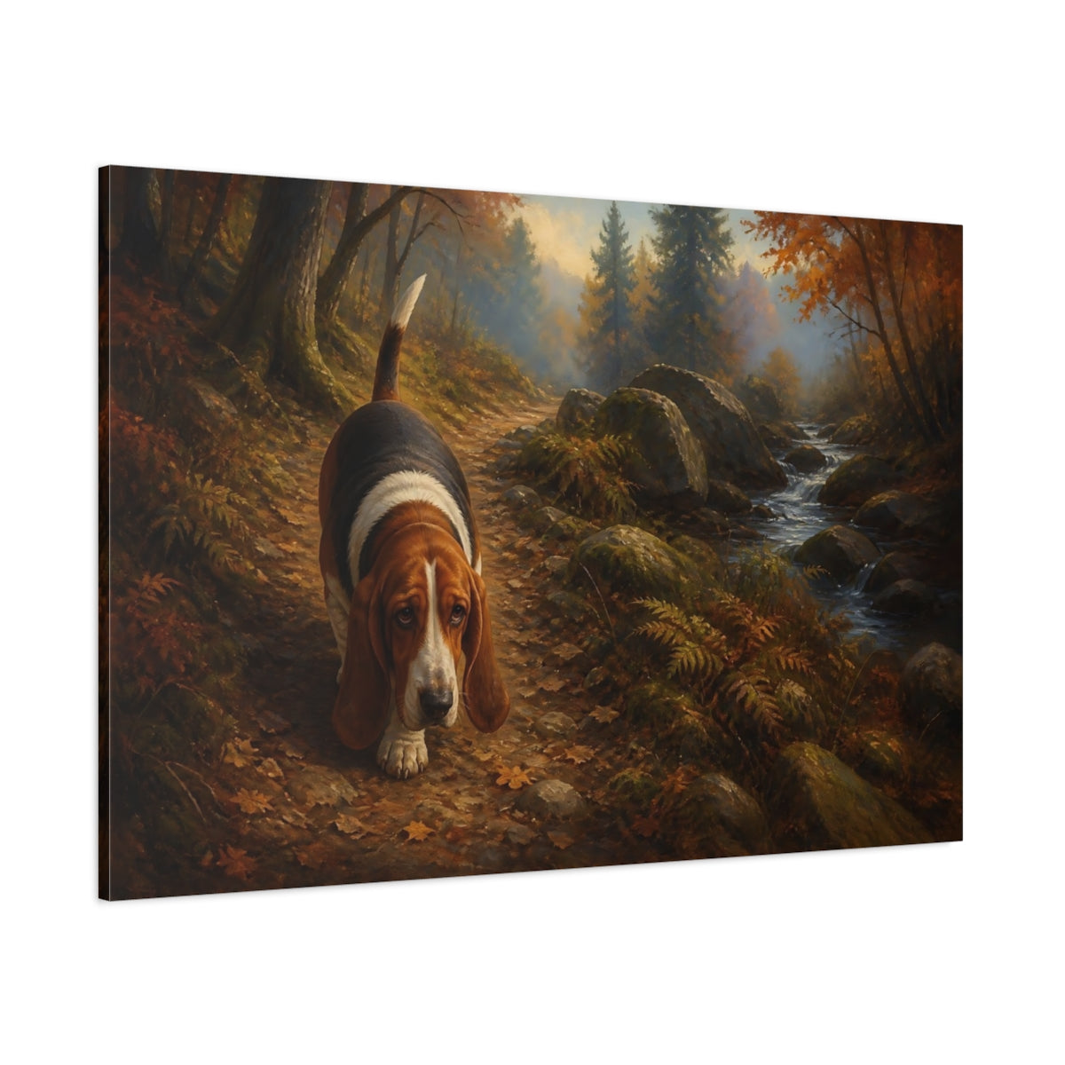 Side Mockup 1. Basset Hound On Woodland Path shown as canvas print