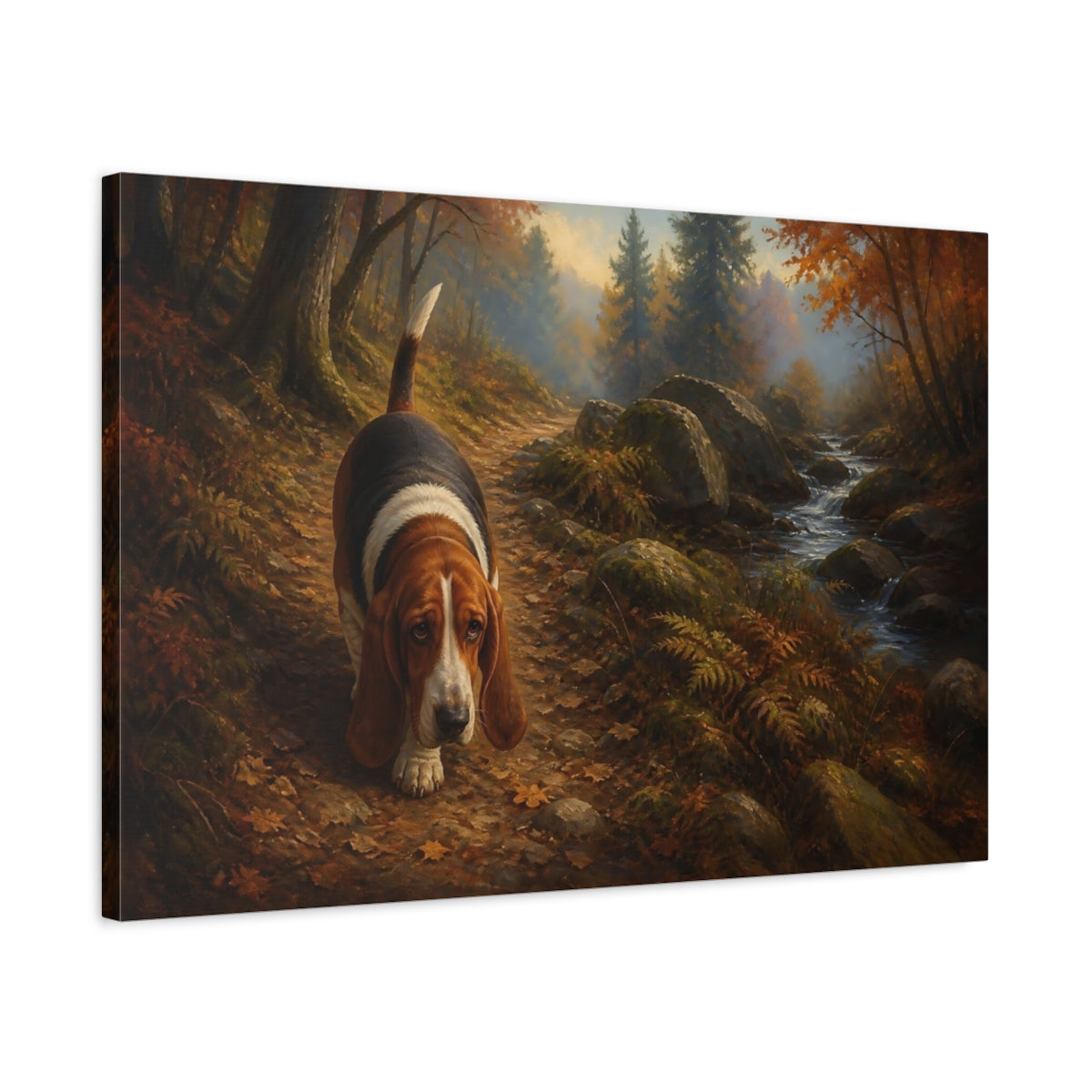 Side Mockup 2. Basset Hound On Woodland Path shown as canvas print