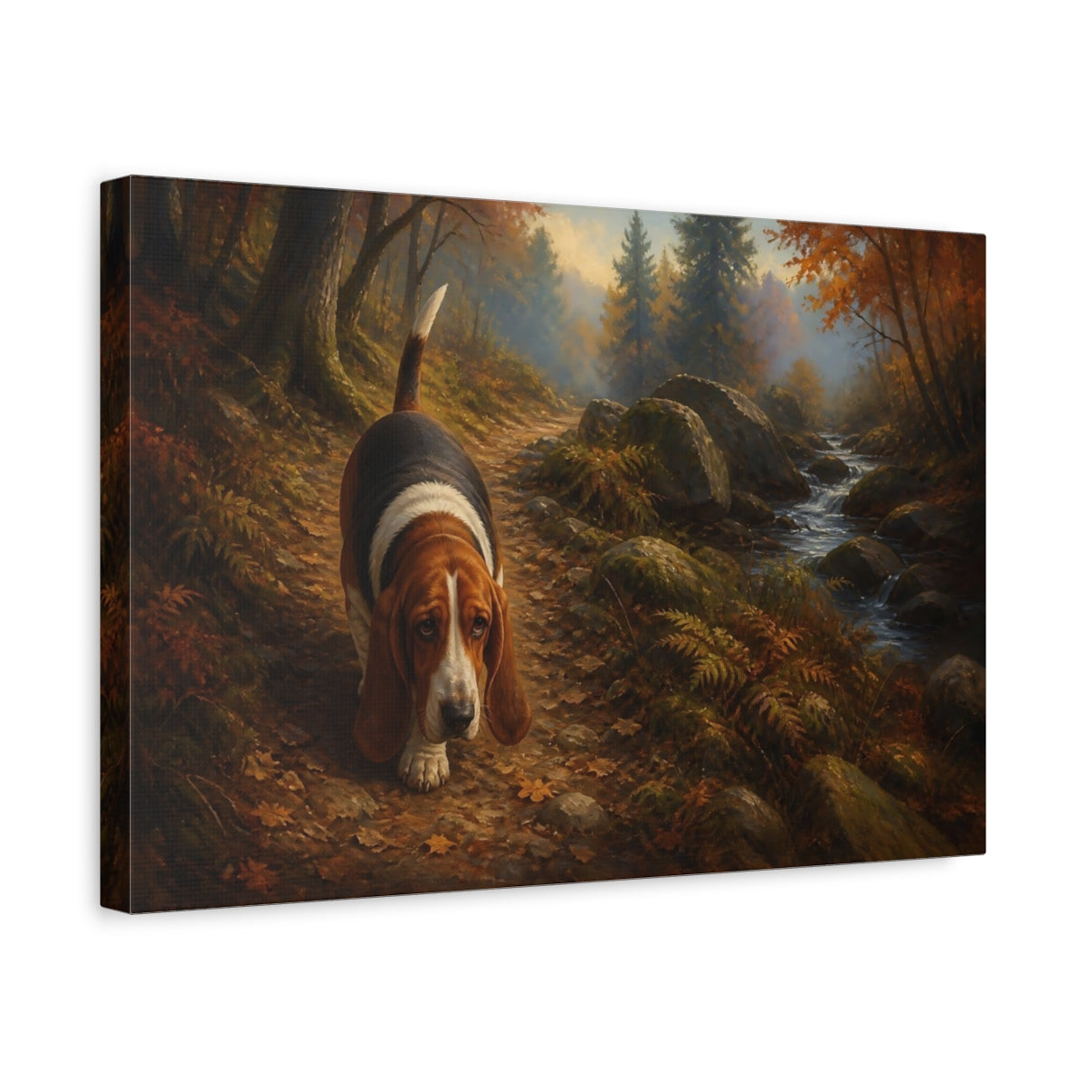Side Mockup 4. Basset Hound On Woodland Path shown as canvas print