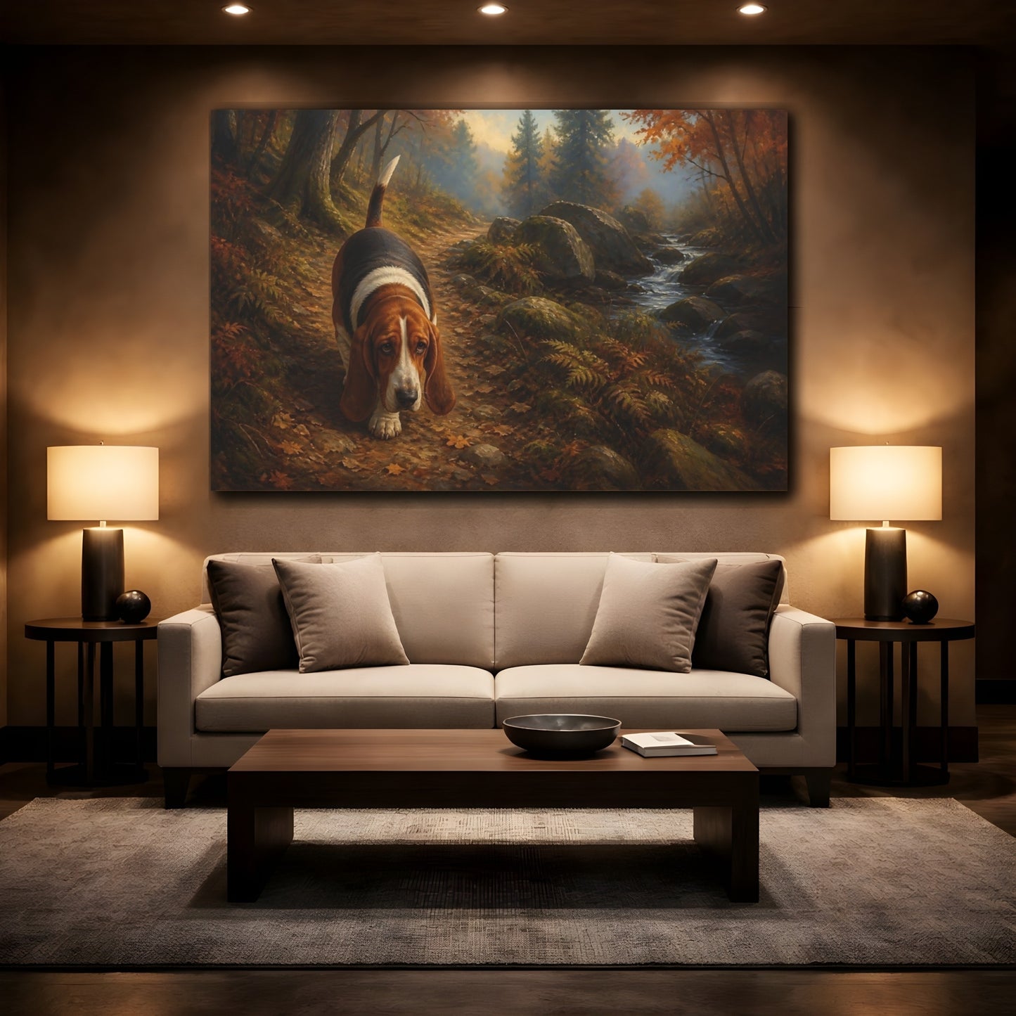 Mockup 2. Basset Hound On Woodland Path shown as canvas print
