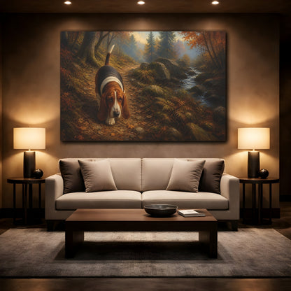 Mockup 2. Basset Hound On Woodland Path shown as canvas print