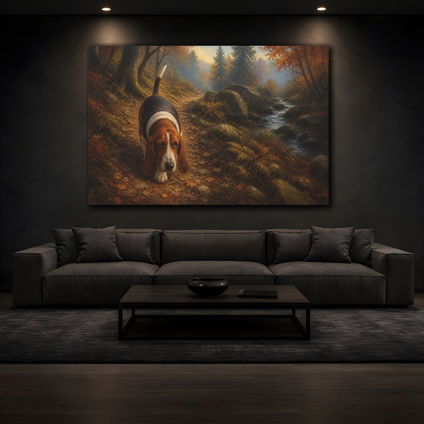 Mockup 3. Basset Hound On Woodland Path shown as canvas print