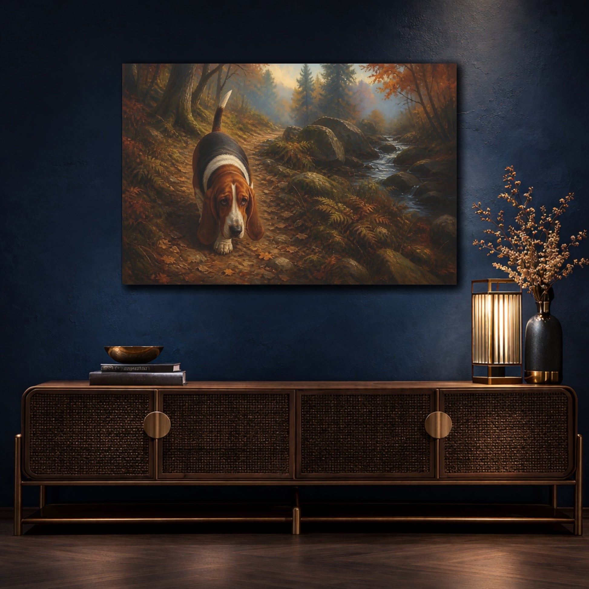 Mockup 4. Basset Hound On Woodland Path shown as canvas print