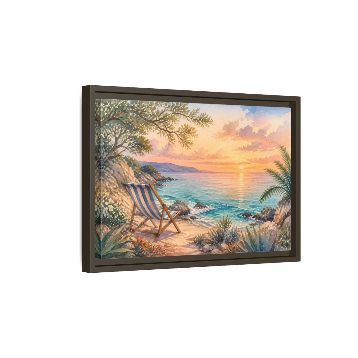 Side Mockup 5. Beach Chair Sunset shown as framed canvas print