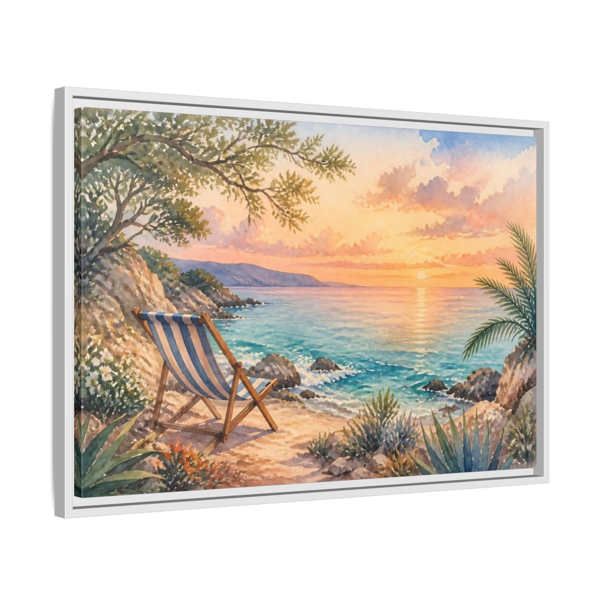 Side Mockup 10. Beach Chair Sunset shown as framed canvas print