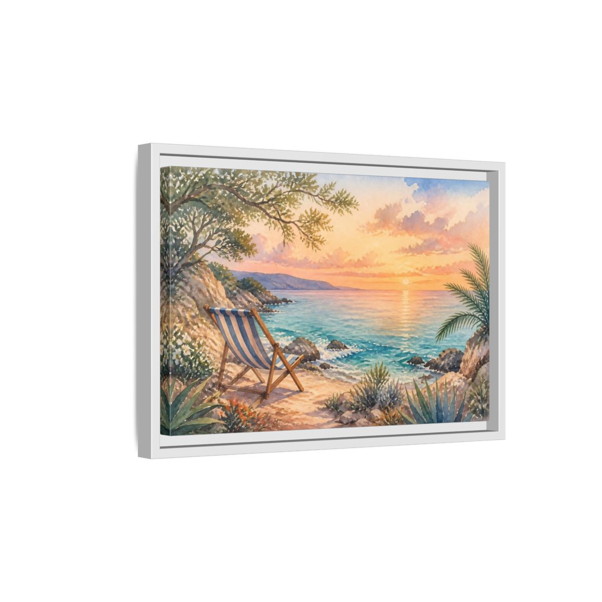 Side Mockup 4. Beach Chair Sunset shown as framed canvas print