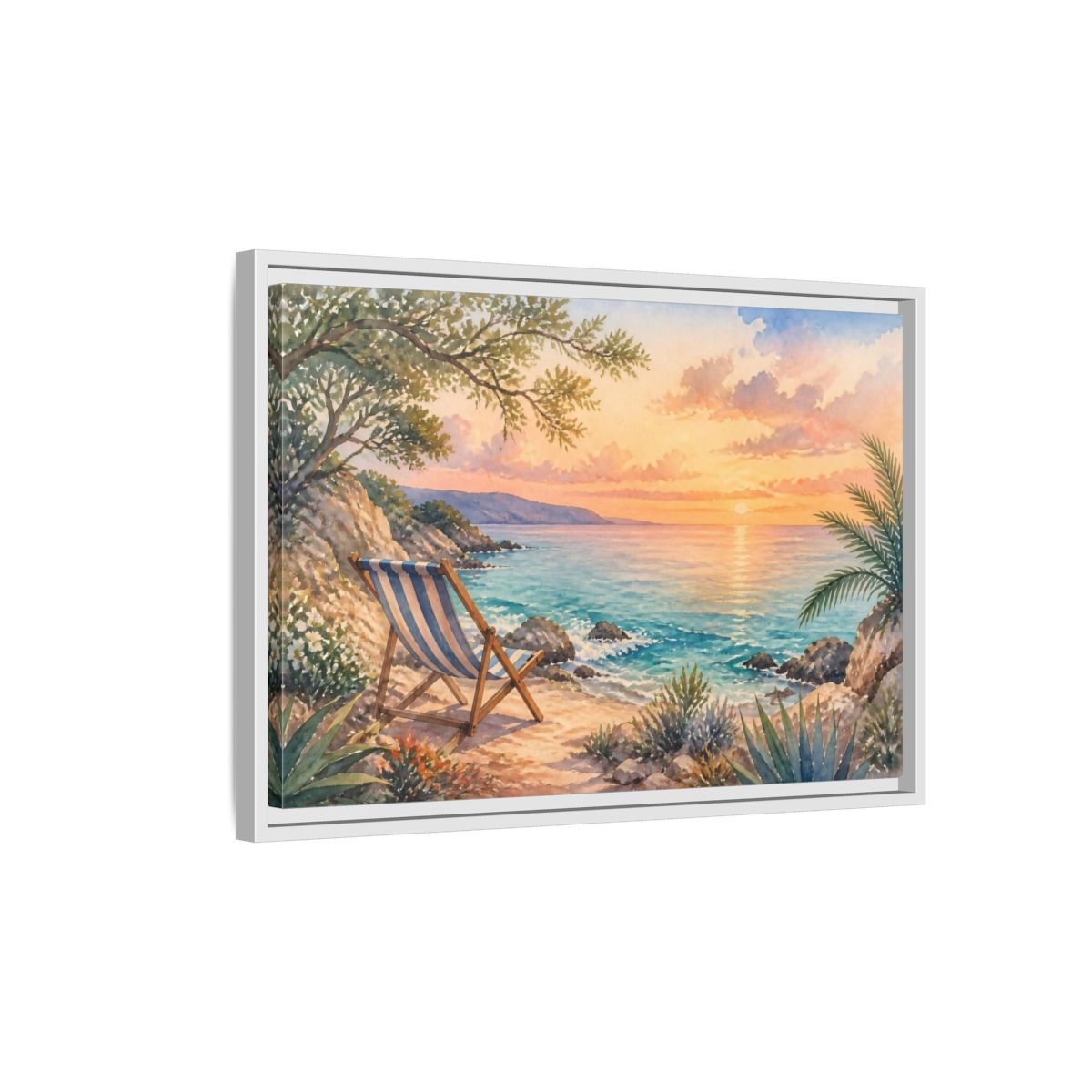 Side Mockup 1. Beach Chair Sunset shown as framed canvas print