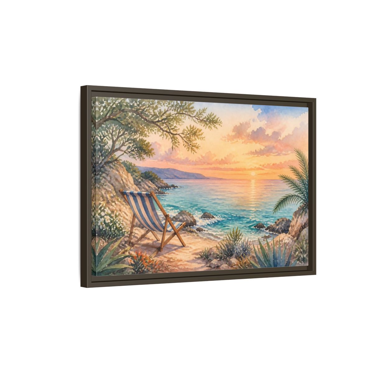 Side Mockup 2. Beach Chair Sunset shown as framed canvas print