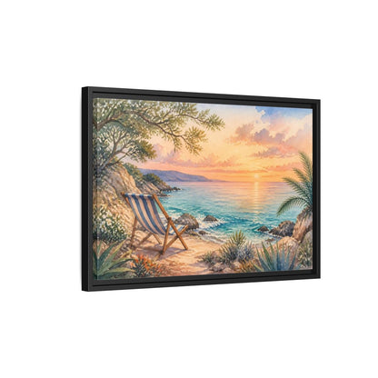 Side Mockup 3. Beach Chair Sunset shown as framed canvas print
