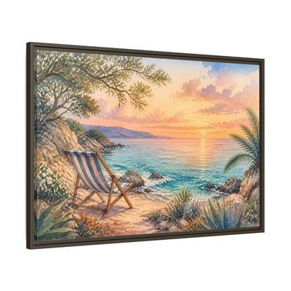 Main Mockup. Beach Chair Sunset shown as framed canvas print