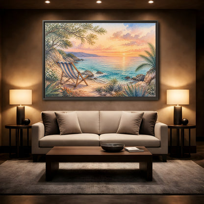 Mockup 2. Beach Chair Sunset shown as framed canvas print
