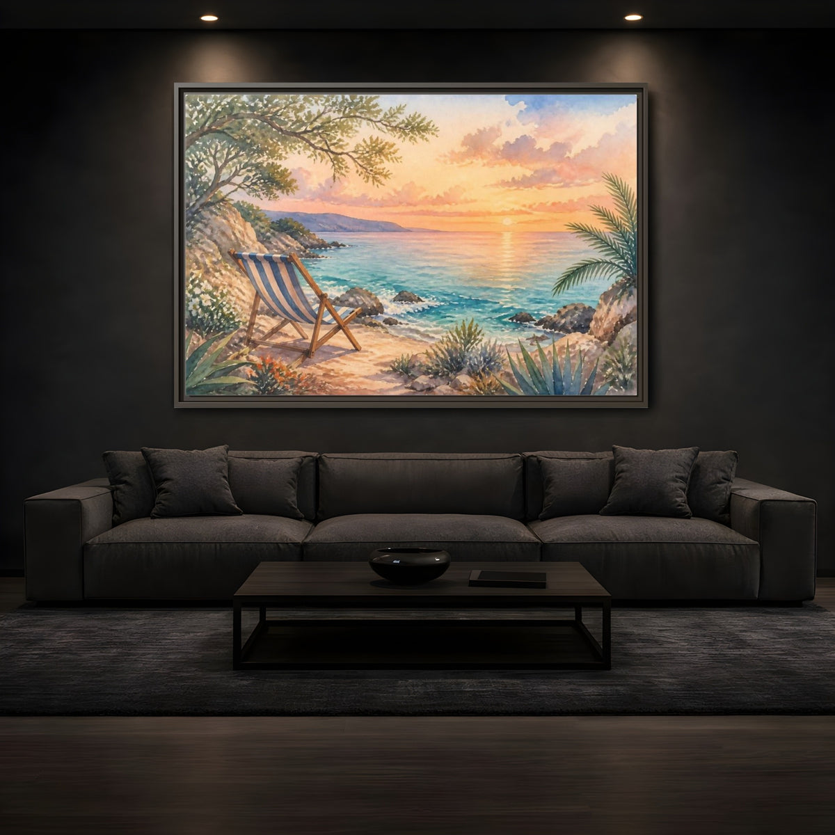 Mockup 3. Beach Chair Sunset shown as framed canvas print