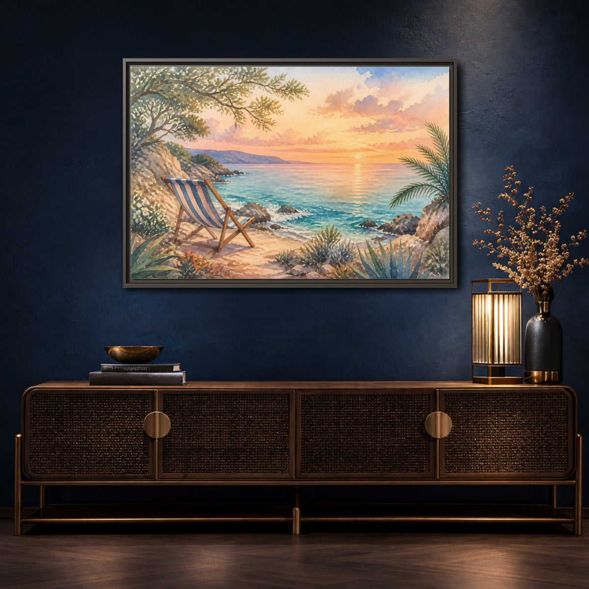 Mockup 4. Beach Chair Sunset shown as framed canvas print
