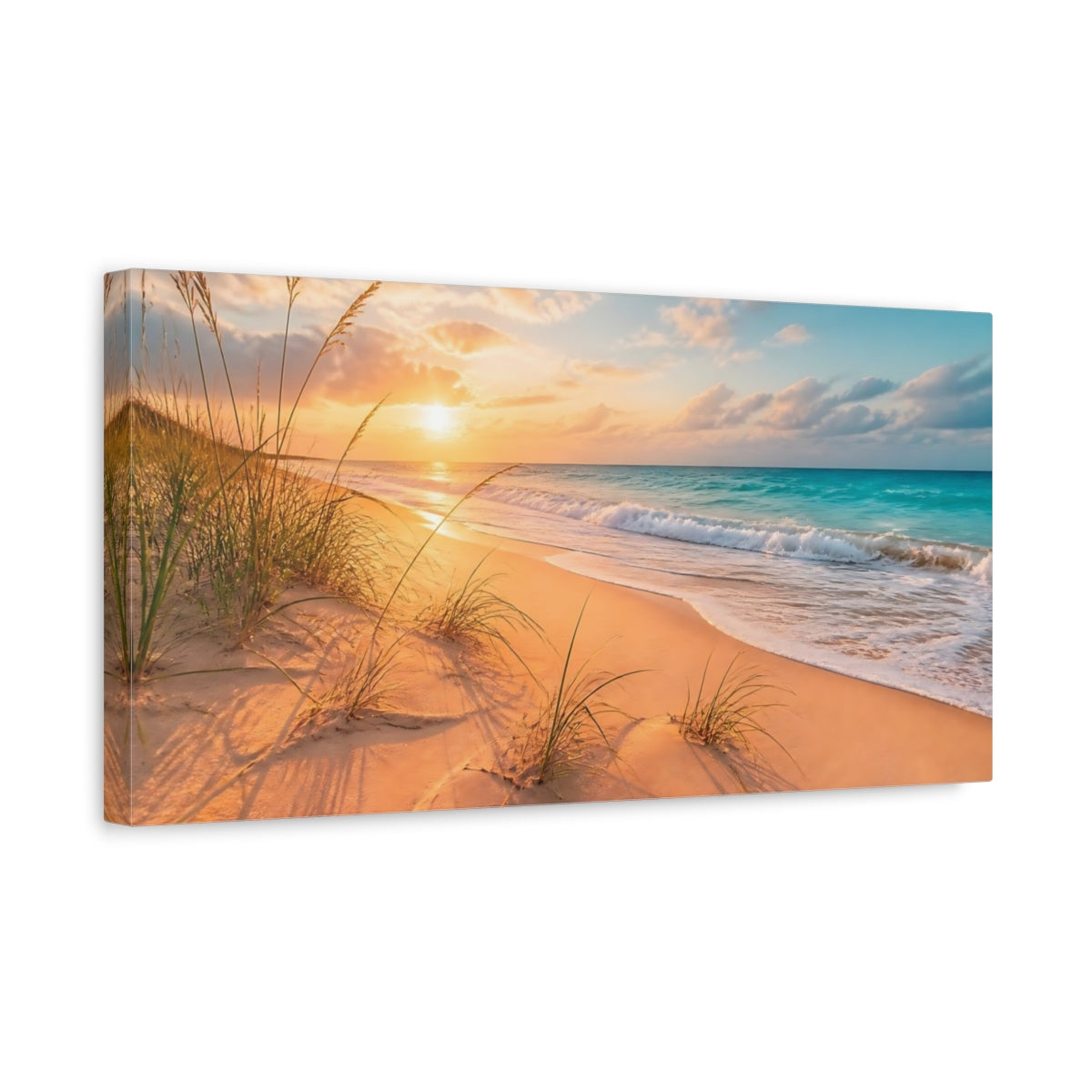Side Mockup 3. Beach Grass Sunset shown as canvas print