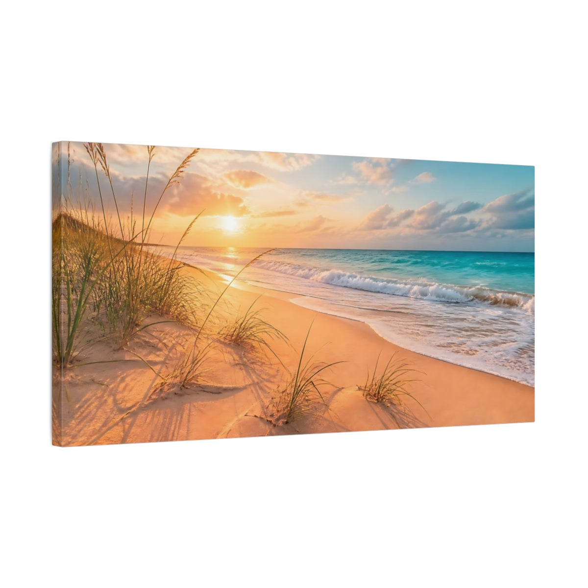 Side Mockup 1. Beach Grass Sunset shown as canvas print