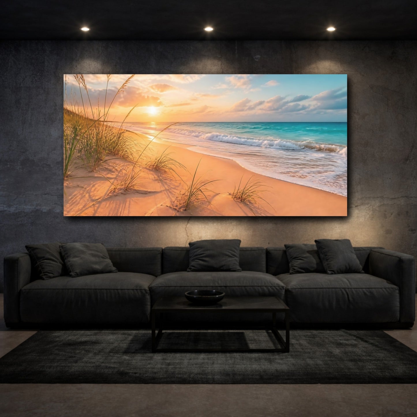 Mockup 3. Beach Grass Sunset shown as canvas print
