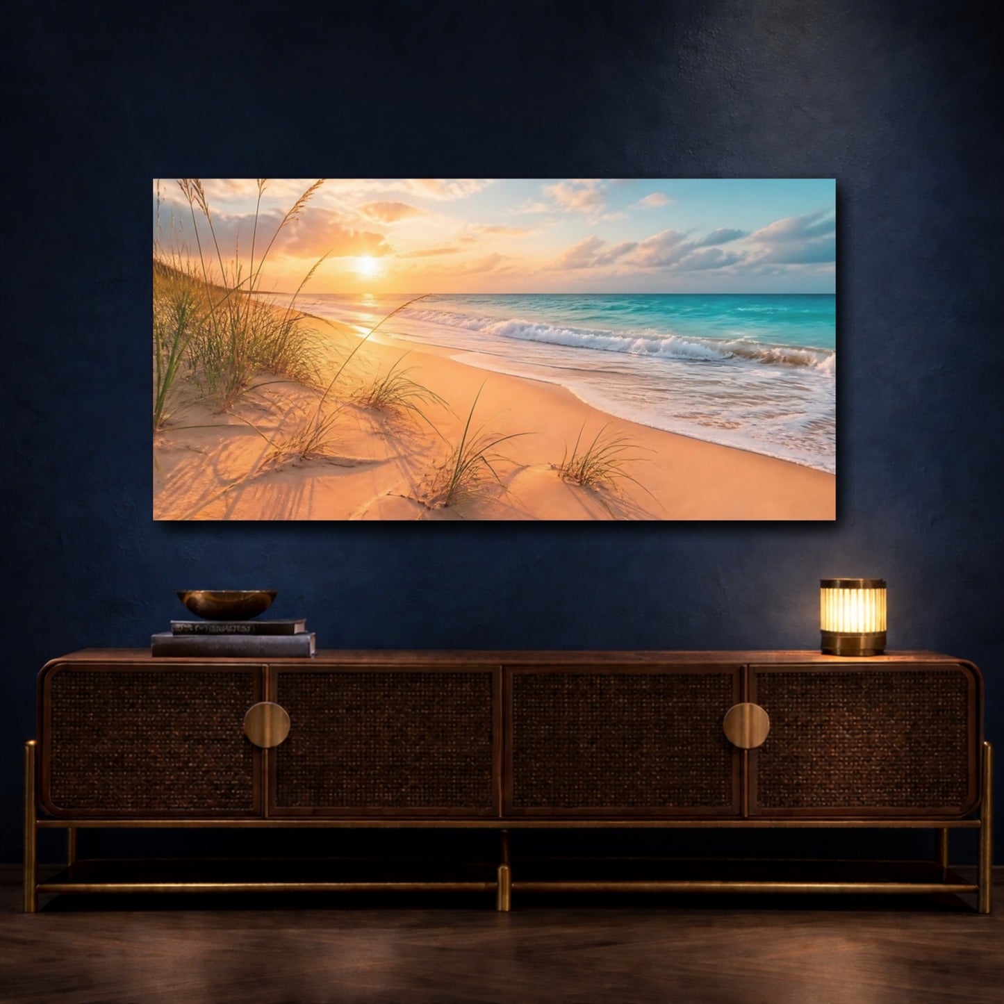Mockup 4. Beach Grass Sunset shown as canvas print