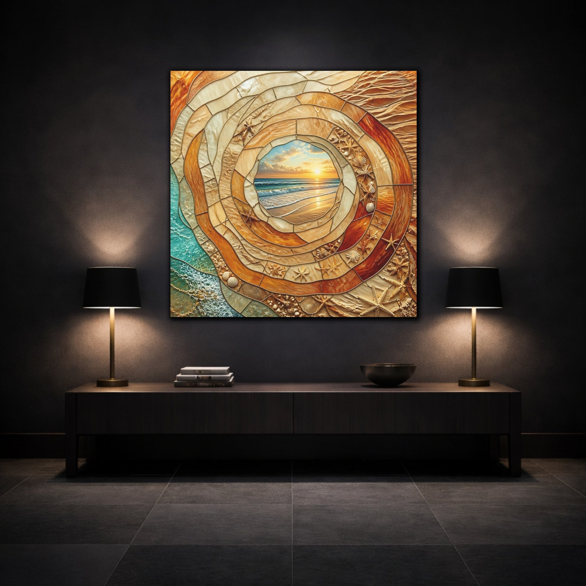 Mockup 3. Beach Sunset Mosaic shown as canvas print