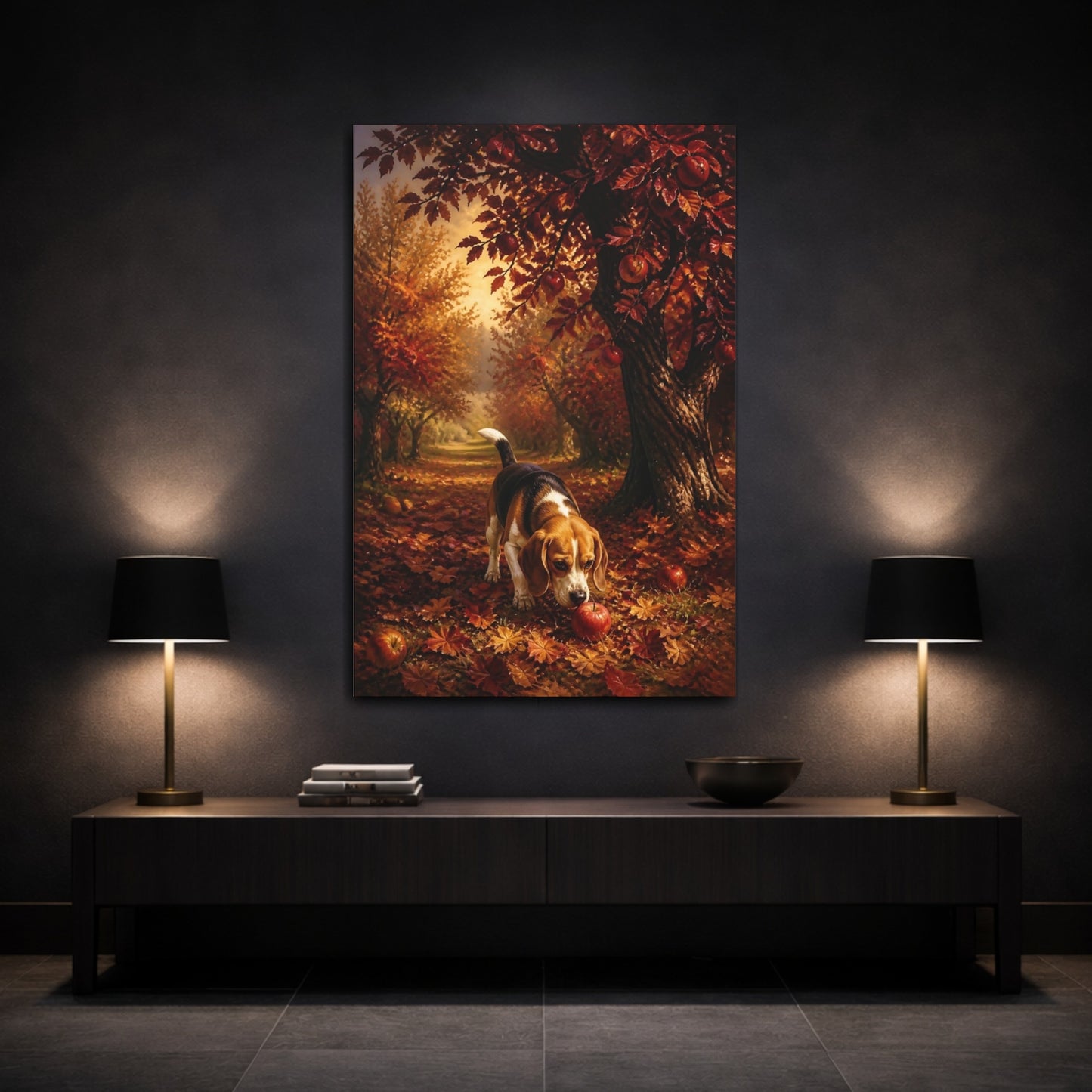 Mockup 3. Beagle Pets Autumn Orchard shown as canvas print