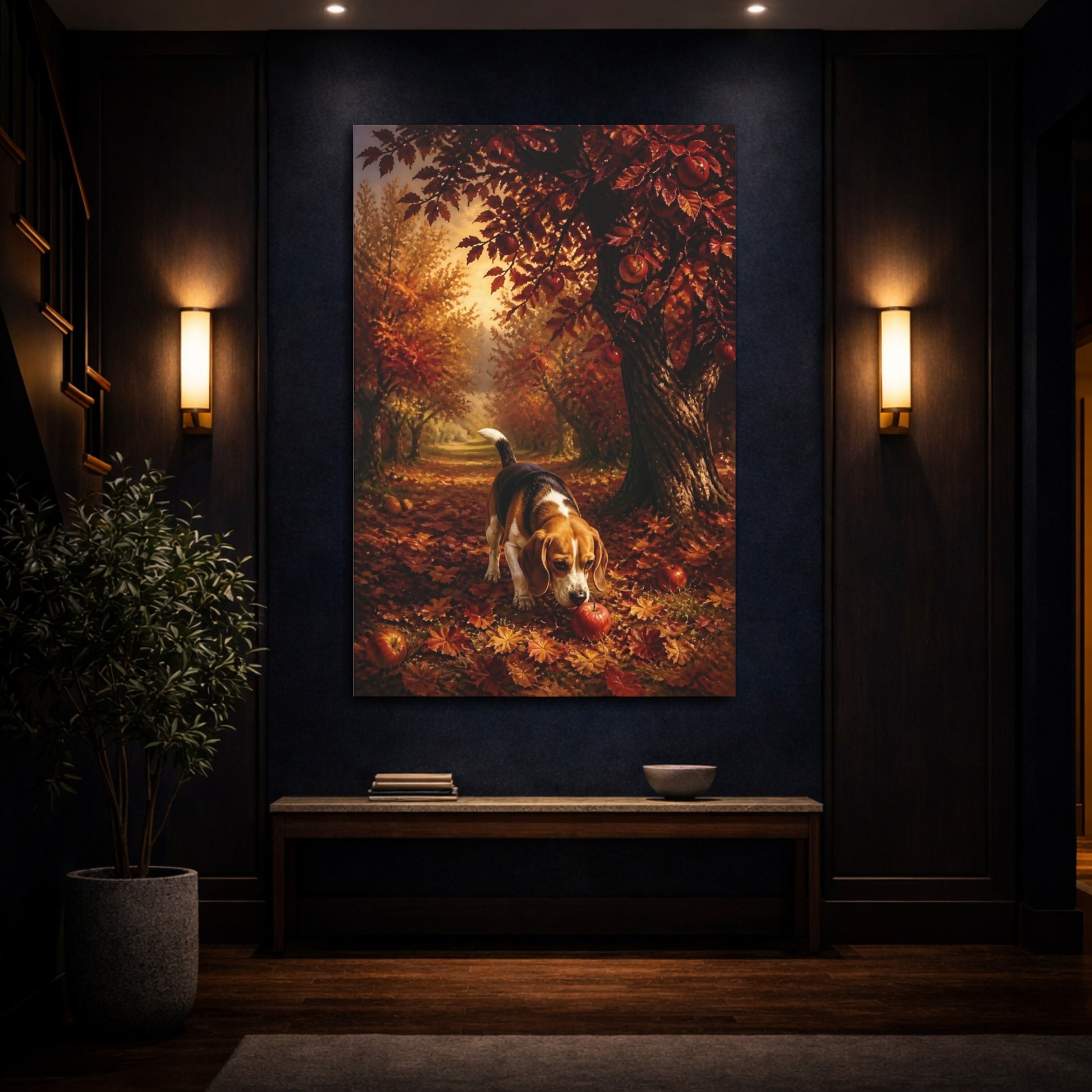 Mockup 4. Beagle Pets Autumn Orchard shown as canvas print