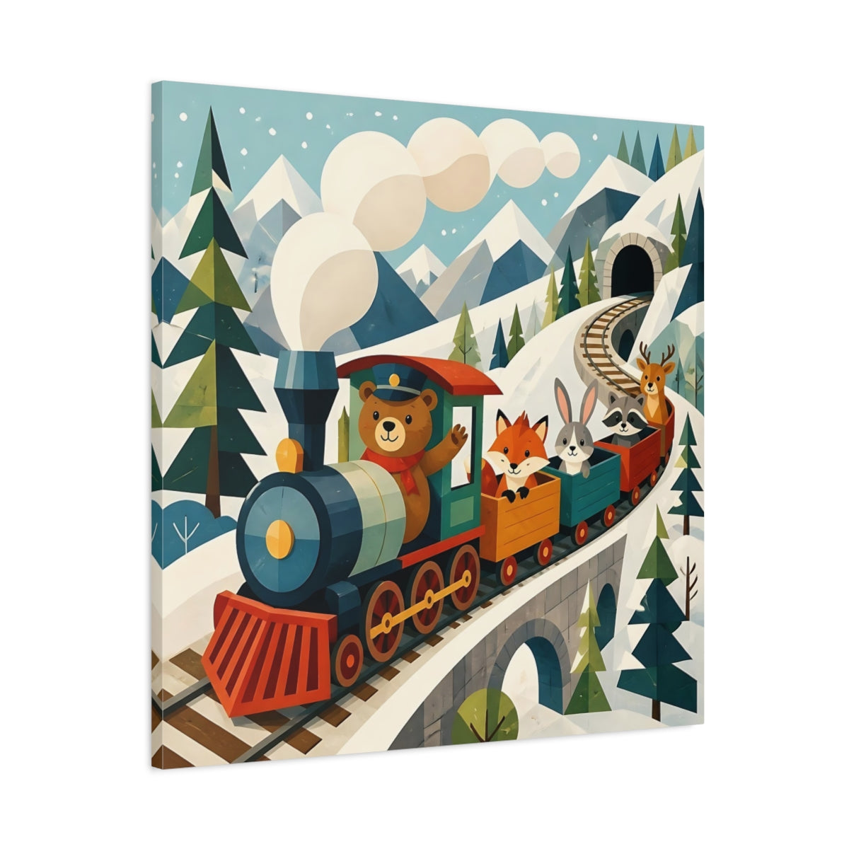 Main Mockup. Bear And Friends Train shown as canvas print