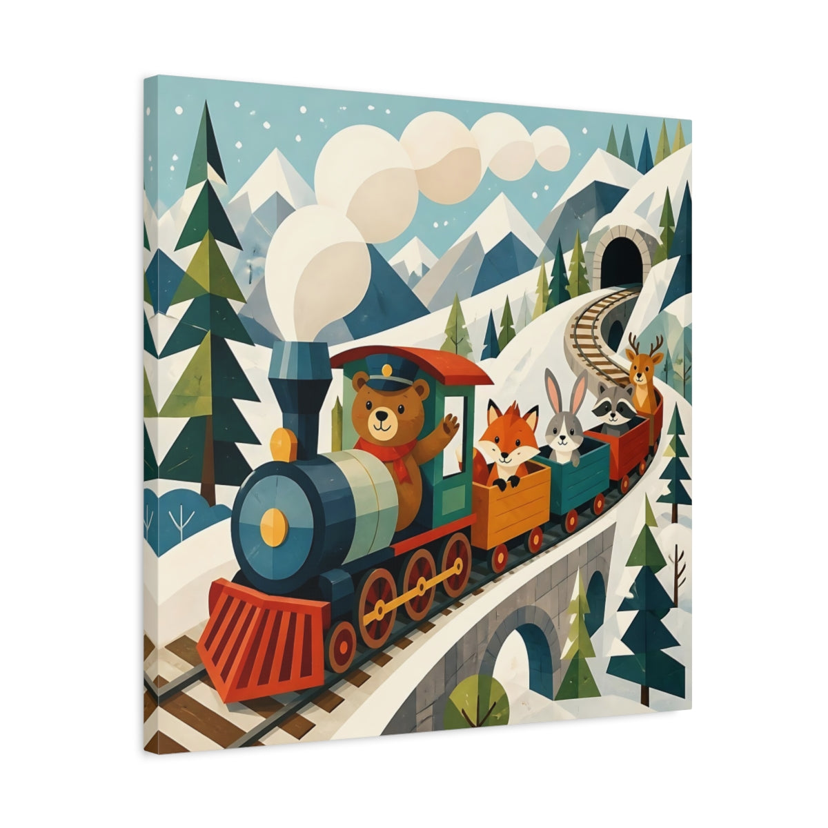 Side Mockup 4. Bear And Friends Train shown as canvas print