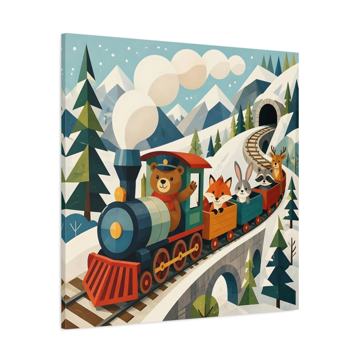 Side Mockup 1. Bear And Friends Train shown as canvas print