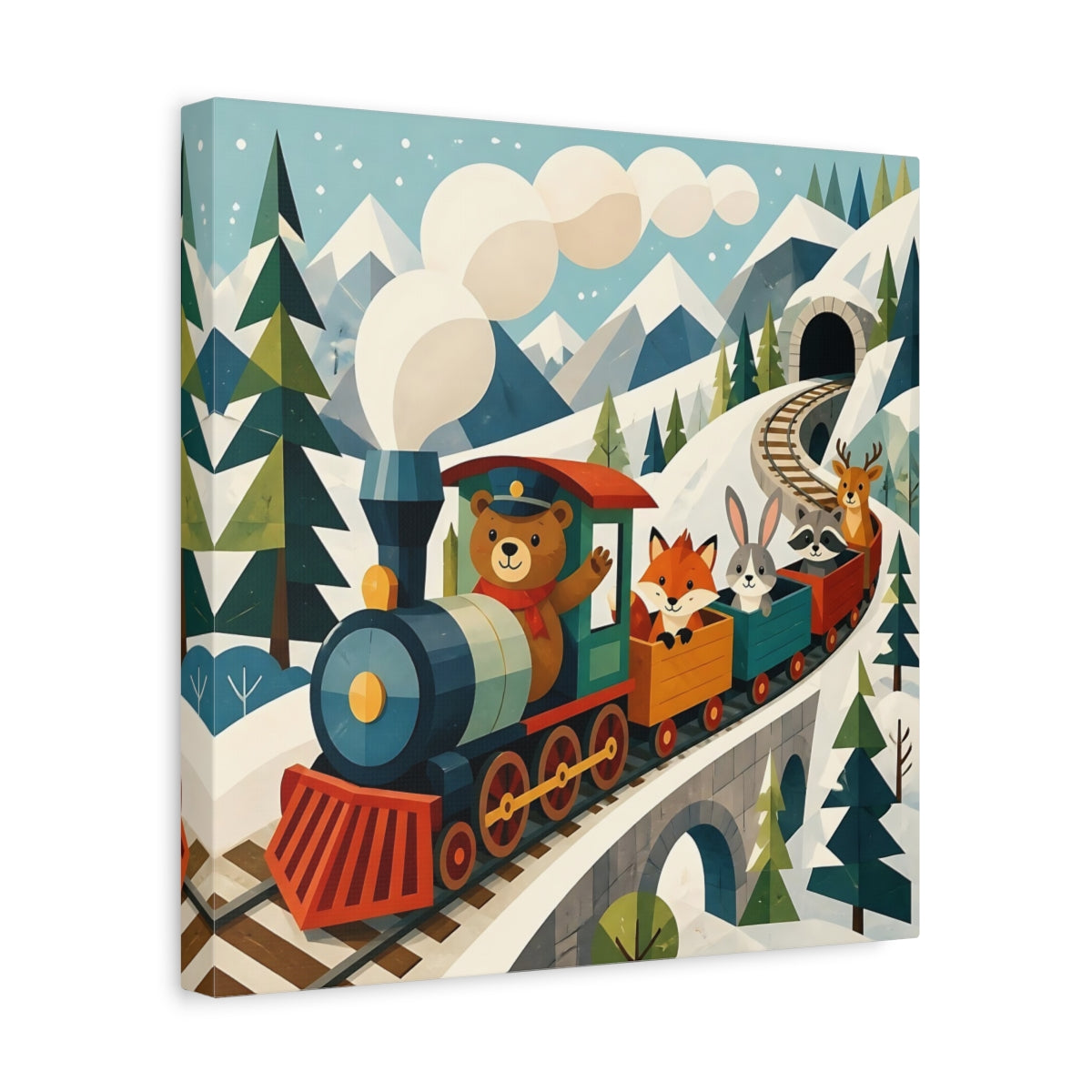 Side Mockup 7. Bear And Friends Train shown as canvas print