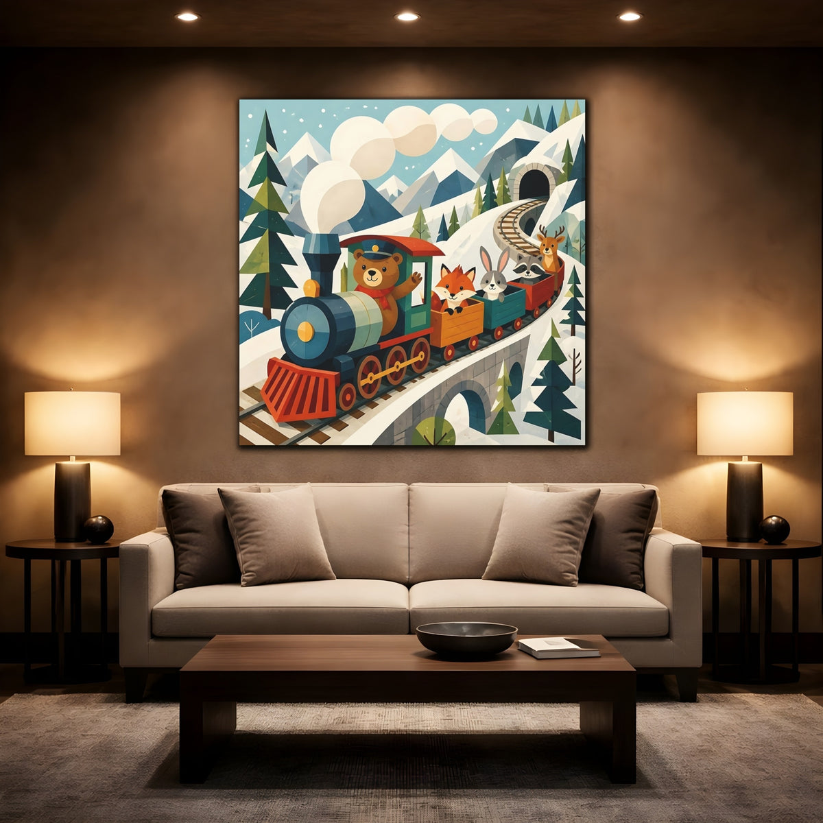 Mockup 2. Bear And Friends Train shown as canvas print