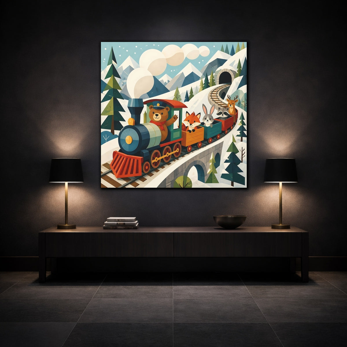 Mockup 3. Bear And Friends Train shown as canvas print