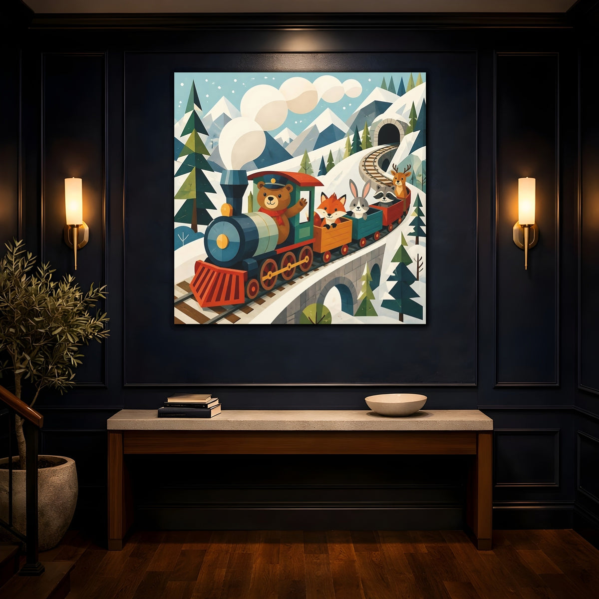 Mockup 4. Bear And Friends Train shown as canvas print