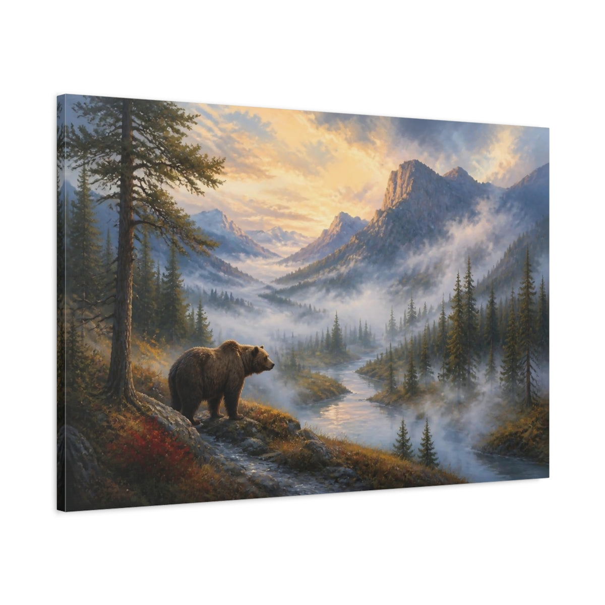 Main Mockup. Bear In Misty Landscape shown as canvas print