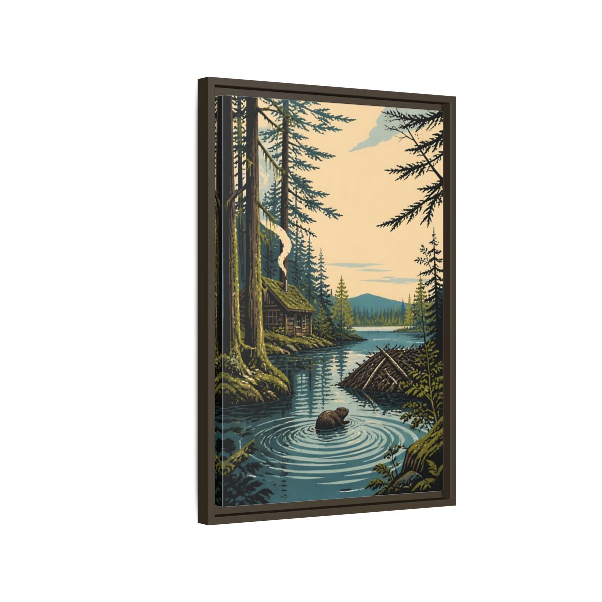 Side Mockup 2. Beaver Cabin In Nature shown as framed canvas print