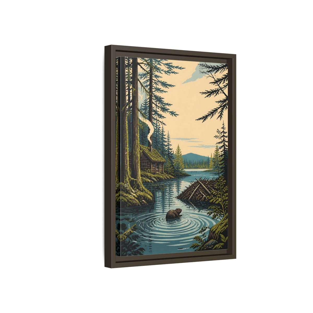 Side Mockup 5. Beaver Cabin In Nature shown as framed canvas print