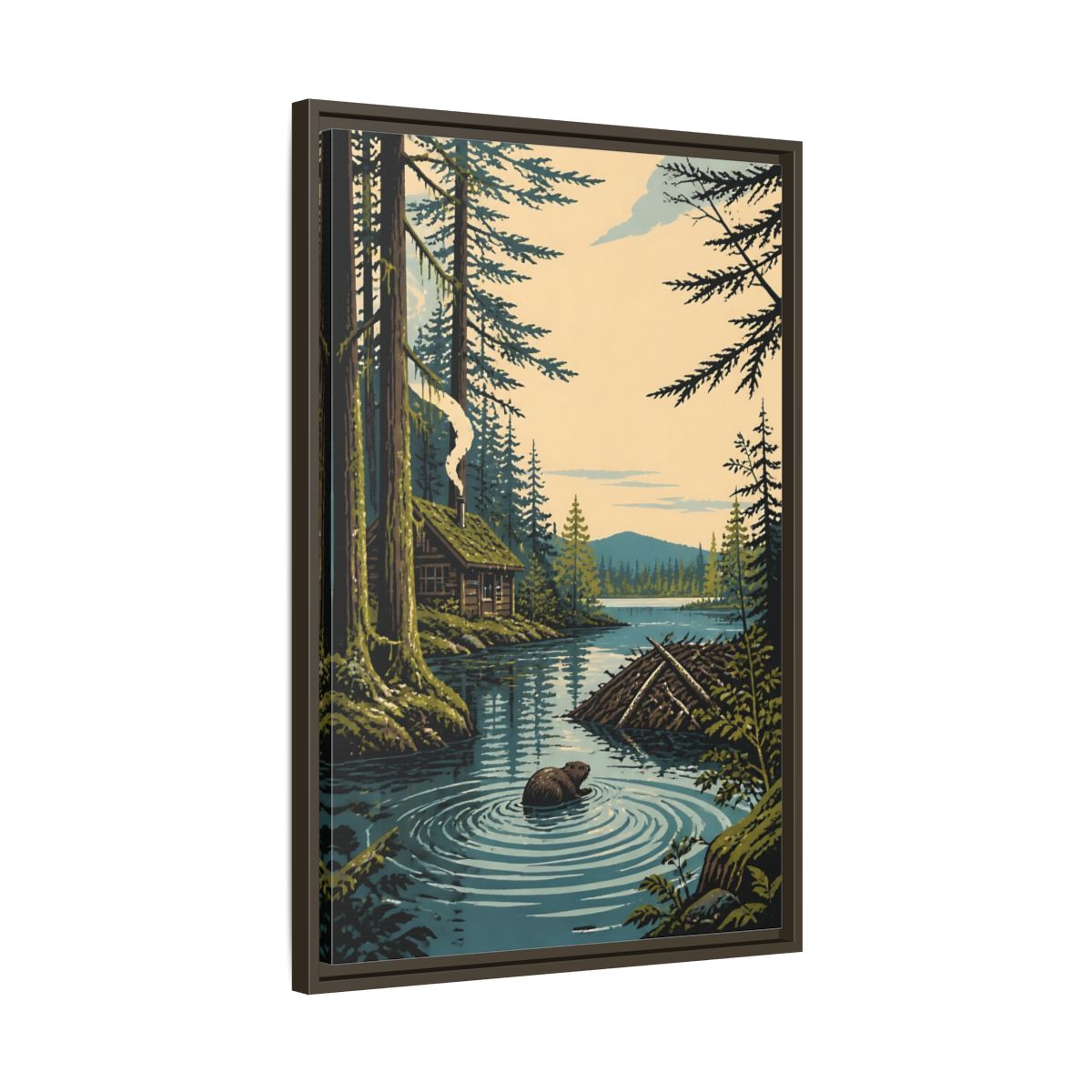 Side Mockup 11. Beaver Cabin In Nature shown as framed canvas print