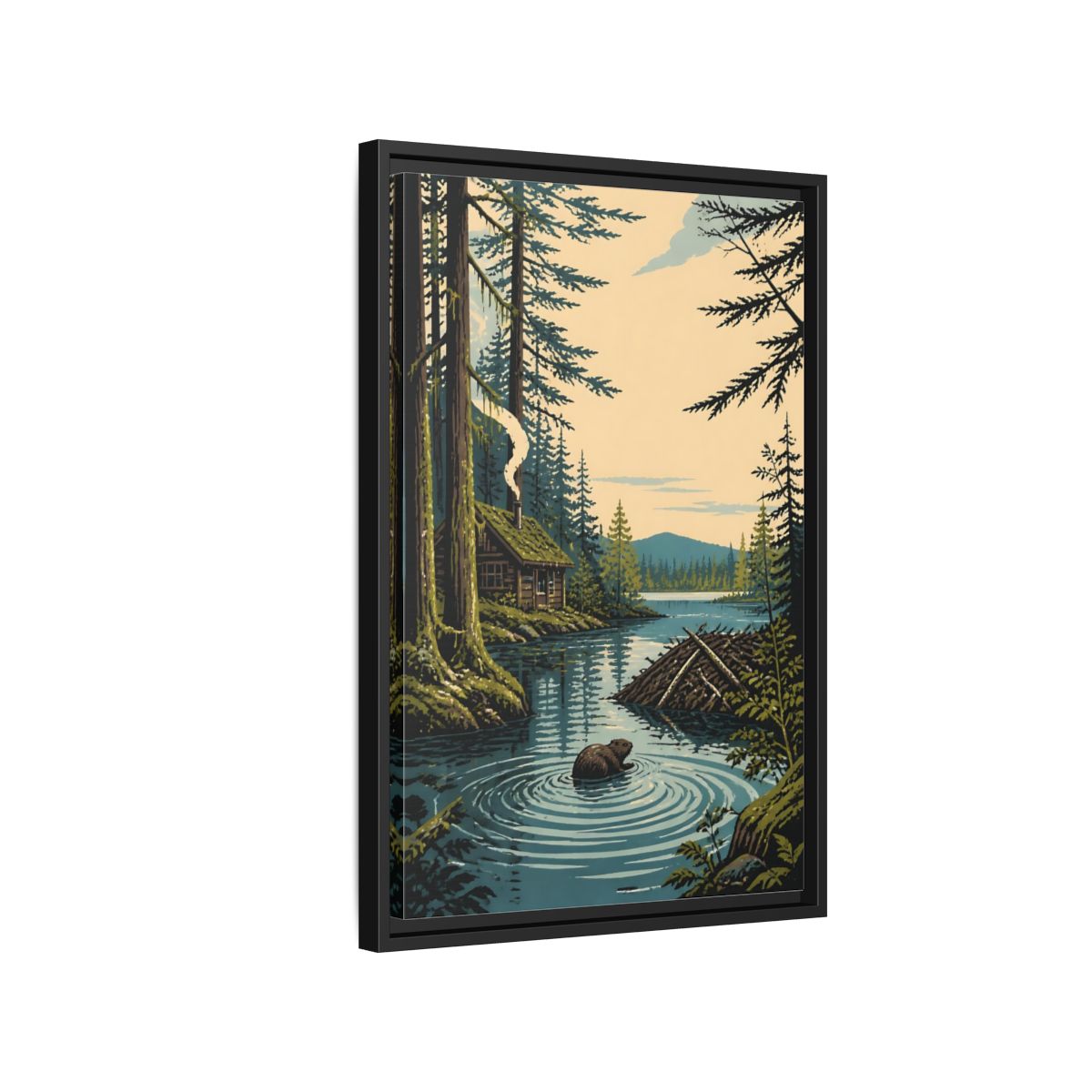 Side Mockup 3. Beaver Cabin In Nature shown as framed canvas print