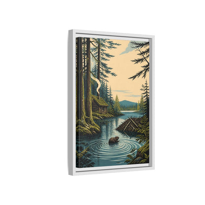 Side Mockup 4. Beaver Cabin In Nature shown as framed canvas print