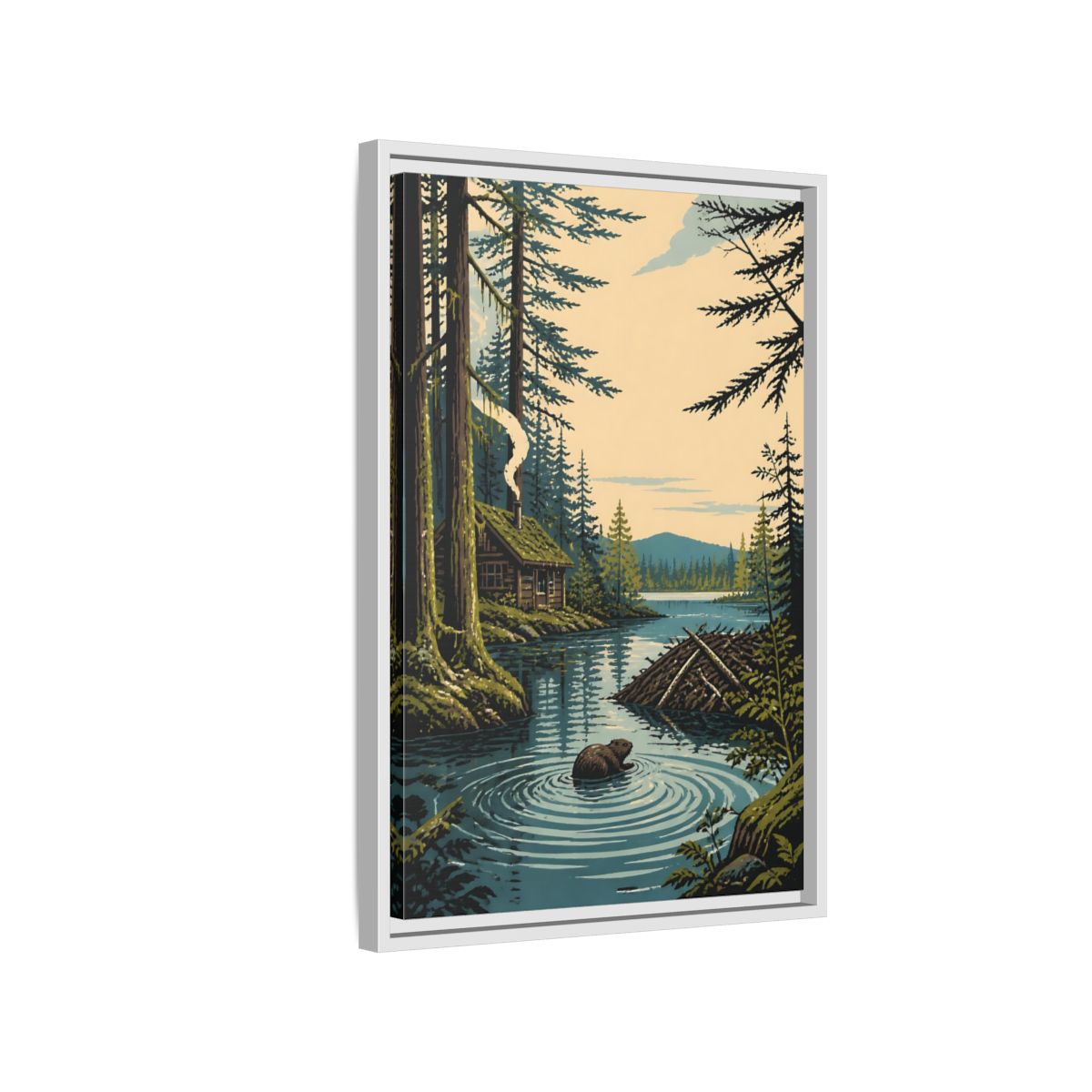 Side Mockup 1. Beaver Cabin In Nature shown as framed canvas print