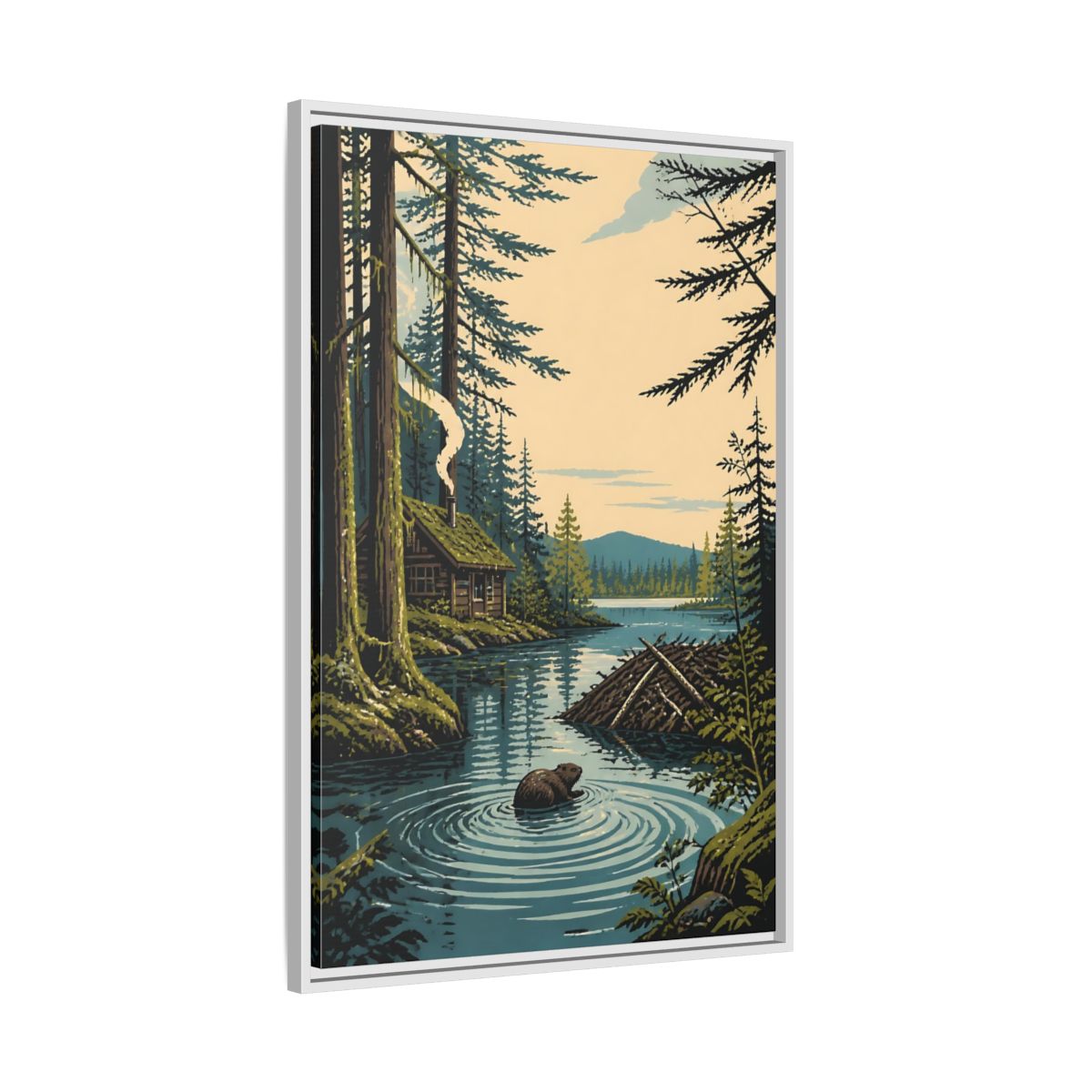 Side Mockup 9. Beaver Cabin In Nature shown as framed canvas print