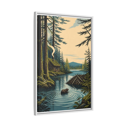 Side Mockup 10. Beaver Cabin In Nature shown as framed canvas print