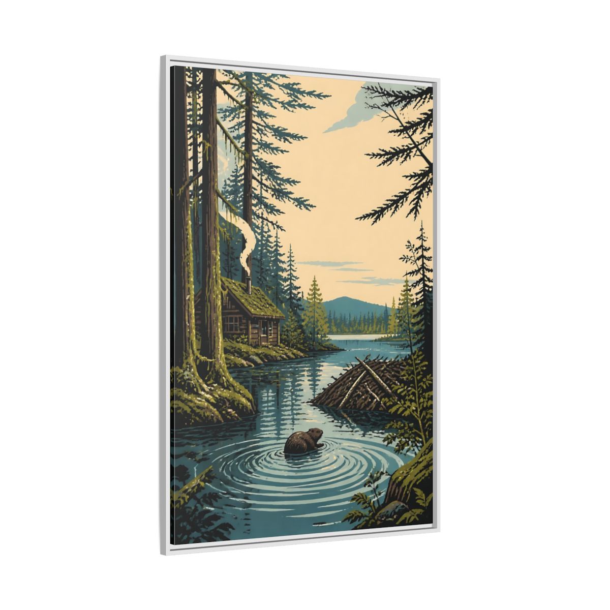 Side Mockup 7. Beaver Cabin In Nature shown as framed canvas print