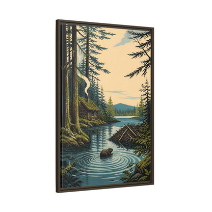 Main Mockup. Beaver Cabin In Nature shown as framed canvas print