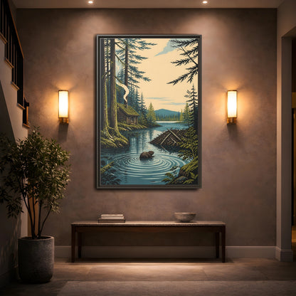 Mockup 2. Beaver Cabin In Nature shown as framed canvas print