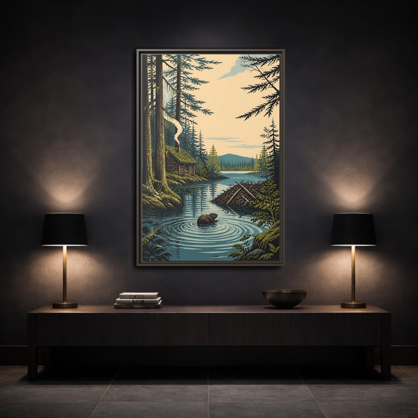 Mockup 3. Beaver Cabin In Nature shown as framed canvas print