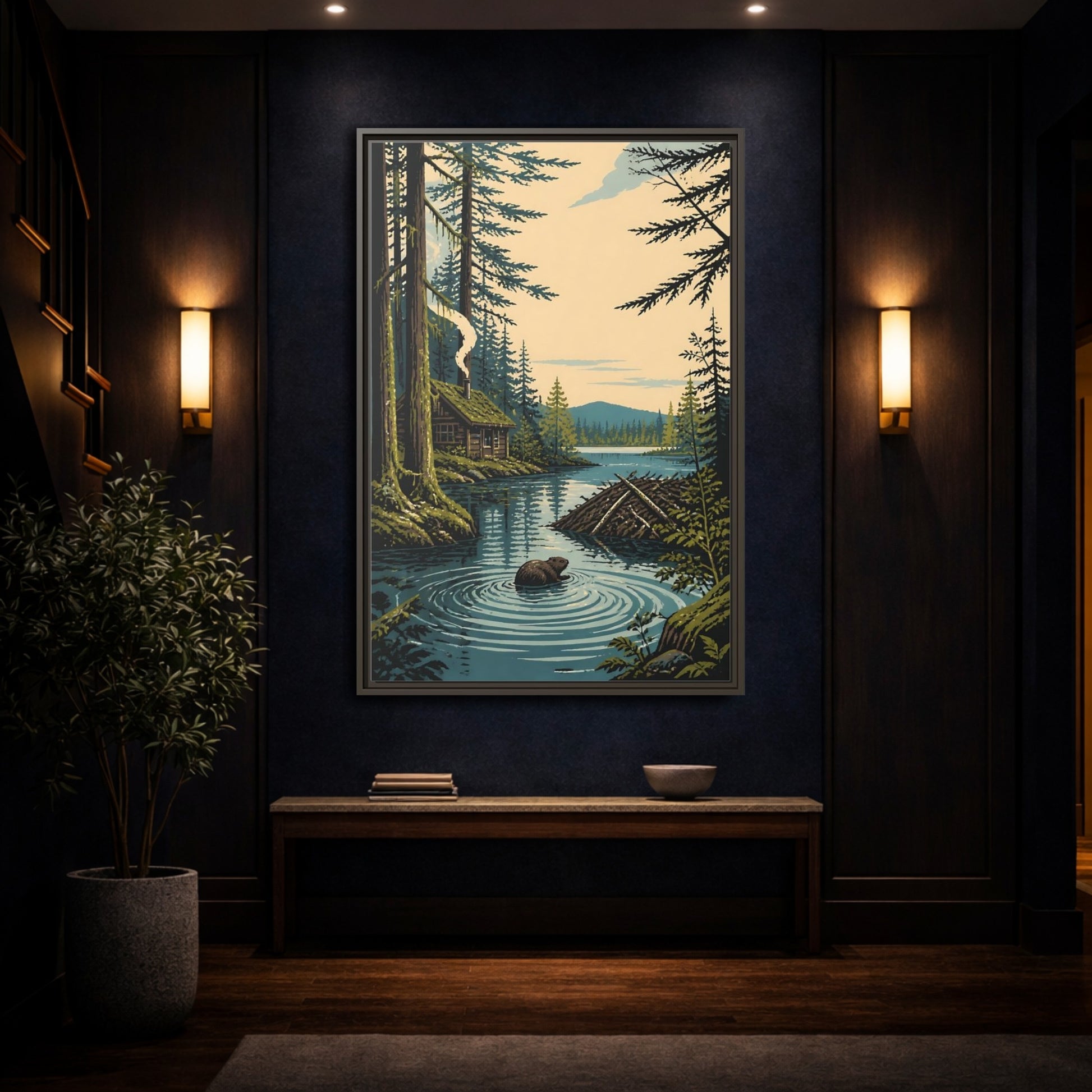 Mockup 4. Beaver Cabin In Nature shown as framed canvas print