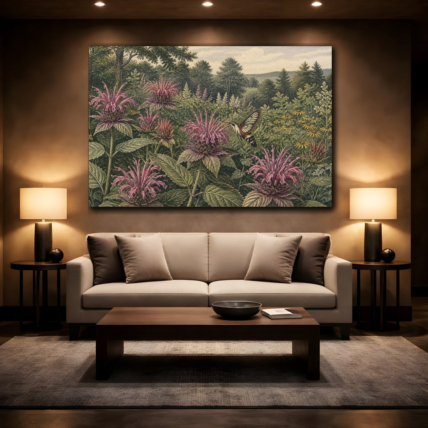 Mockup 2. Bee Balm And Hummingbird Moth shown as canvas print