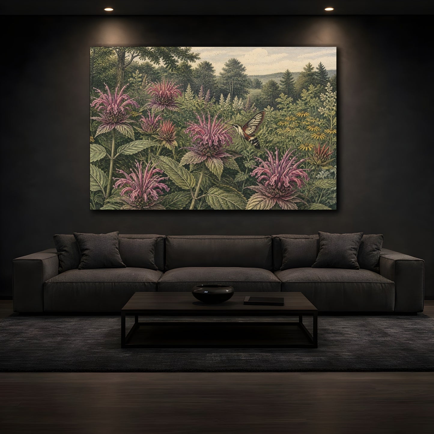 Mockup 3. Bee Balm And Hummingbird Moth shown as canvas print
