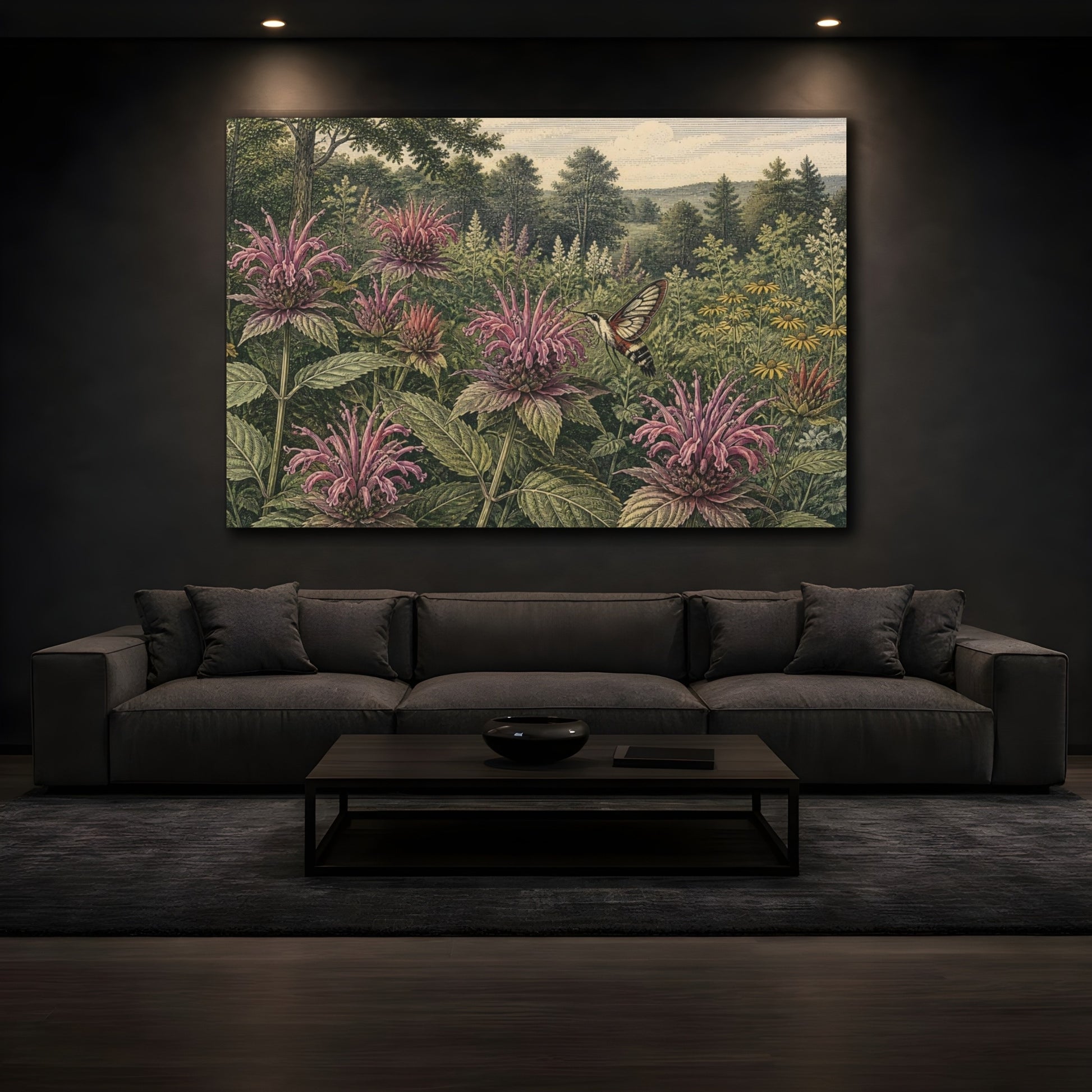 Mockup 3. Bee Balm And Hummingbird Moth shown as canvas print