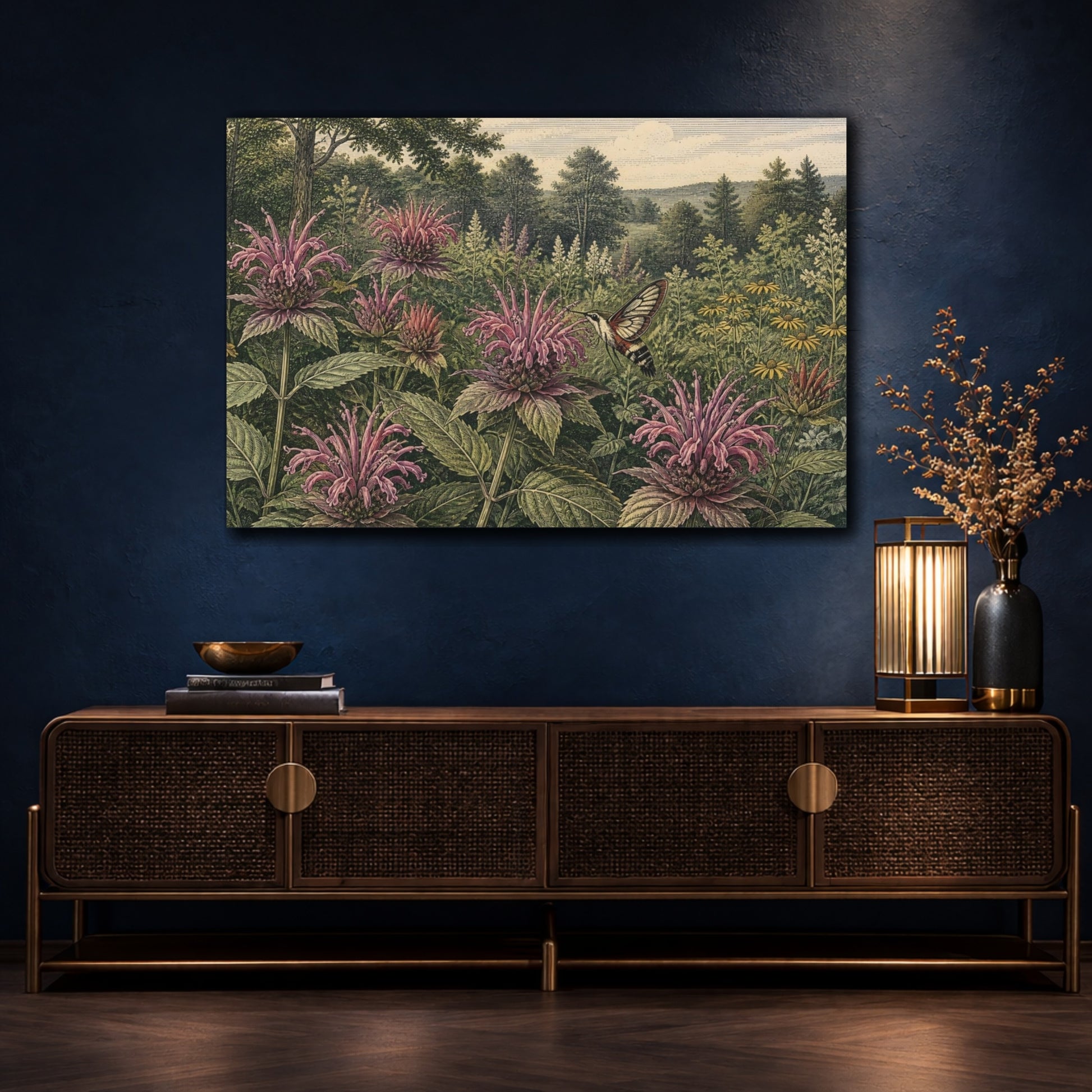 Mockup 4. Bee Balm And Hummingbird Moth shown as canvas print