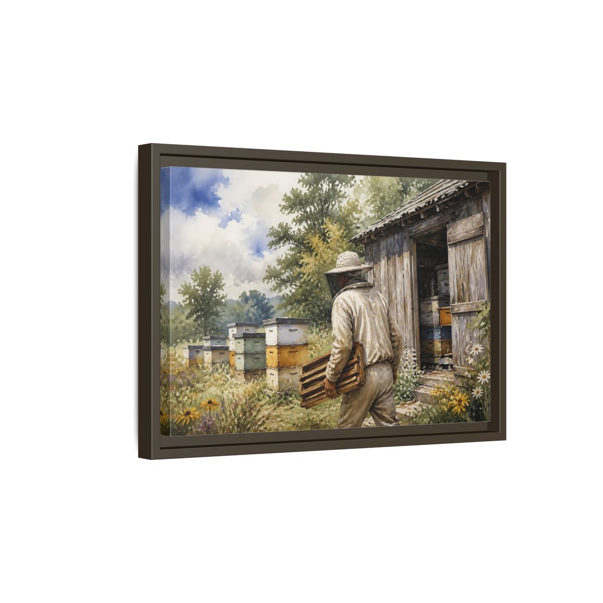 Side Mockup 5. Beekeeper At Honey Shed shown as framed canvas print